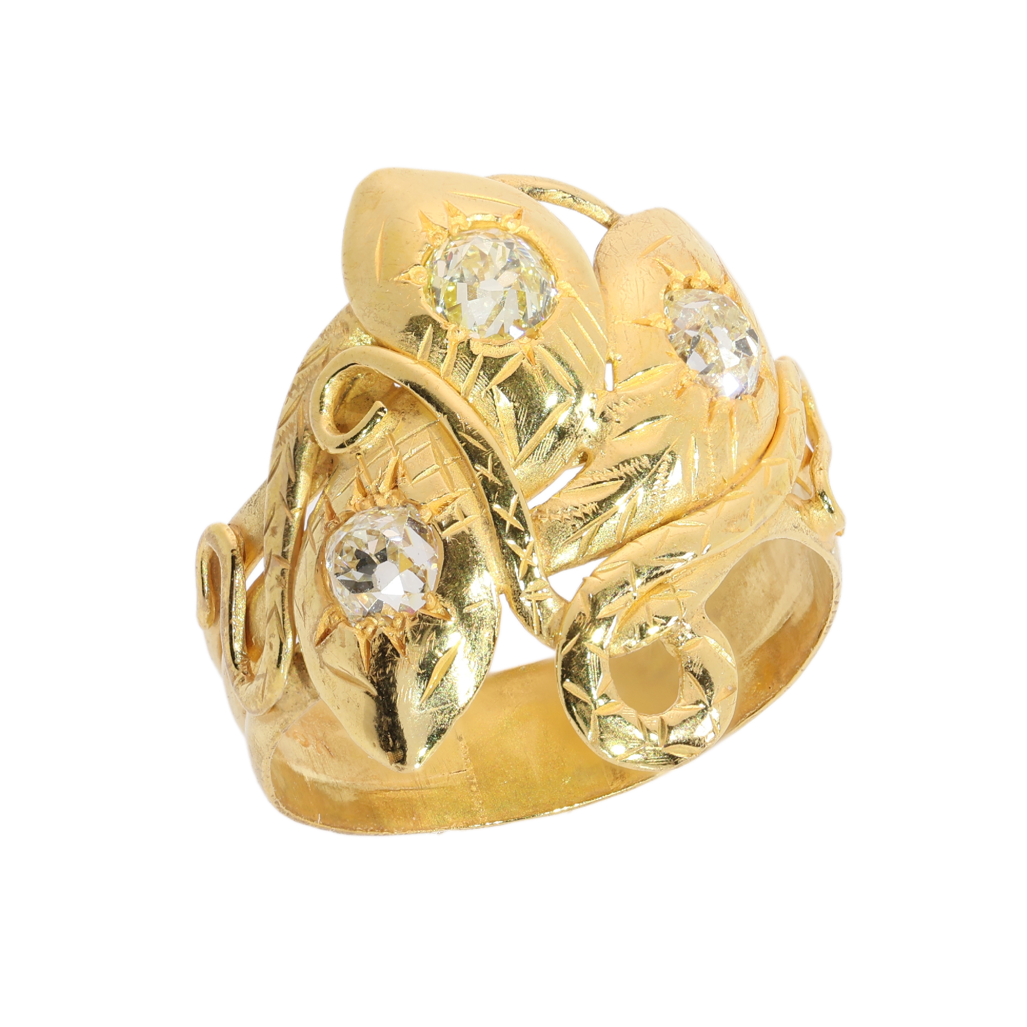 Victorian Triple Snake Ring with Old Mine Cut Diamonds in Gold